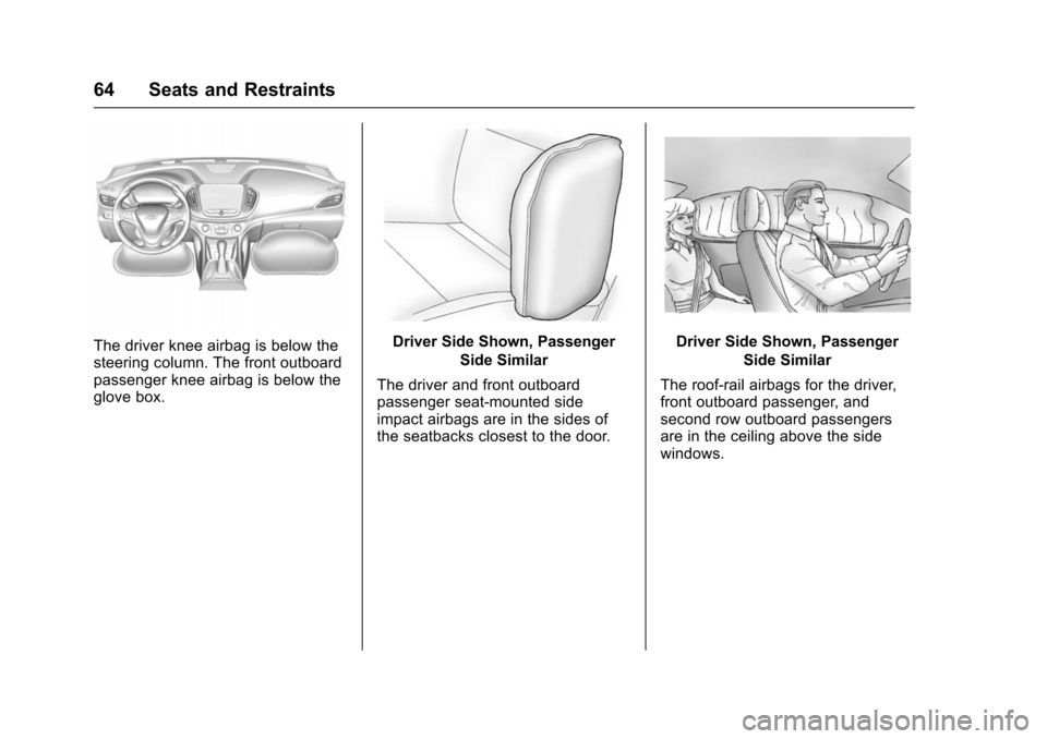 CHEVROLET VOLT 2016 2.G Owners Manual Chevrolet VOLT Owner Manual (GMNA-Localizing-U.S/Canada/Mexico-
9159388) - 2016 - crc - 5/20/15
64 Seats and Restraints
The driver knee airbag is below the
steering column. The front outboard
passenge