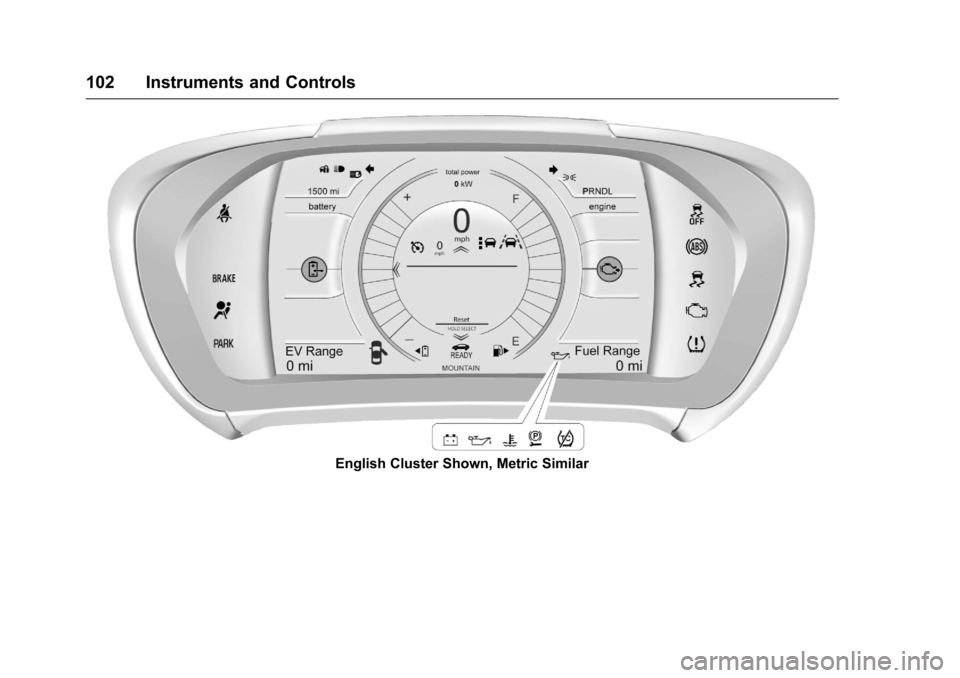 CHEVROLET VOLT 2017 2.G Owners Manual Chevrolet VOLT Owner Manual (GMNA-Localizing-U.S./Canada/Mexico-
9807421) - 2017 - CRC - 11/18/15
102 Instruments and Controls
English Cluster Shown, Metric Similar CHEVROLET VOLT 2017 2.G Owners Manual Chevrolet VOLT Owner Manual (GMNA-Localizing-U.S./Canada/Mexico-
9807421) - 2017 - CRC - 11/18/15
102 Instruments and Controls
English Cluster Shown, Metric Similar