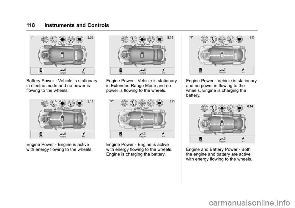 CHEVROLET VOLT 2017 2.G Owners Manual Chevrolet VOLT Owner Manual (GMNA-Localizing-U.S./Canada/Mexico-
9807421) - 2017 - CRC - 11/18/15
118 Instruments and Controls
Battery Power - Vehicle is stationary
in electric mode and no power is
fl