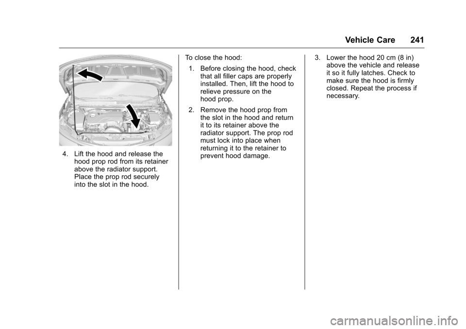 CHEVROLET VOLT 2017 2.G Owners Manual Chevrolet VOLT Owner Manual (GMNA-Localizing-U.S./Canada/Mexico-
9807421) - 2017 - CRC - 11/18/15
Vehicle Care 241
4. Lift the hood and release thehood prop rod from its retainer
above the radiator su