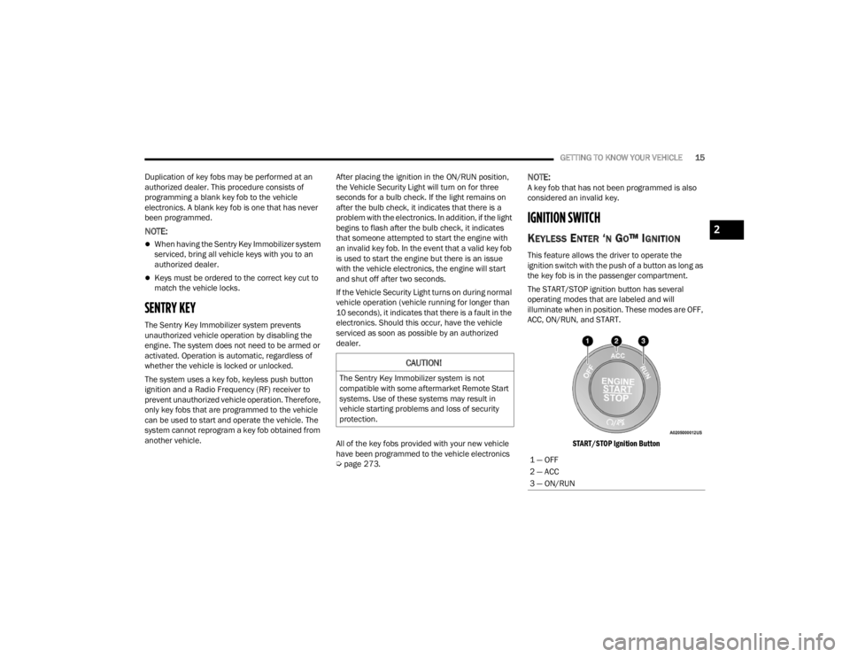 CHRYSLER 300 2022  Owners Manual 
GETTING TO KNOW YOUR VEHICLE15
Duplication of key fobs may be performed at an 
authorized dealer. This procedure consists of 
programming a blank key fob to the vehicle 
electronics. A blank key fob 