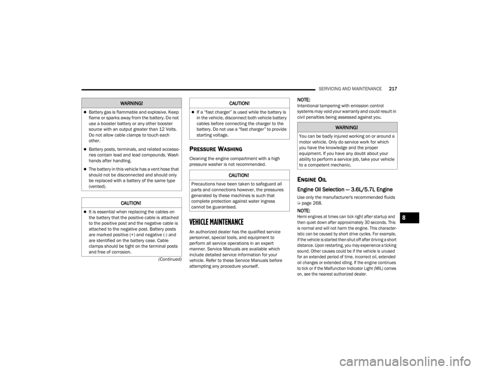 CHRYSLER 300 2022  Owners Manual 
SERVICING AND MAINTENANCE217
(Continued)
PRESSURE WASHING
Cleaning the engine compartment with a high 
pressure washer is not recommended.
VEHICLE MAINTENANCE 
An authorized dealer has the qualified 