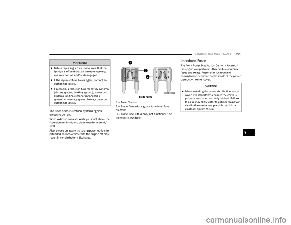 CHRYSLER 300 2022 Service Manual 
SERVICING AND MAINTENANCE229
The fuses protect electrical systems against 
excessive current.
When a device does not work, you must check the 
fuse element inside the blade fuse for a break/
melt.
Al
