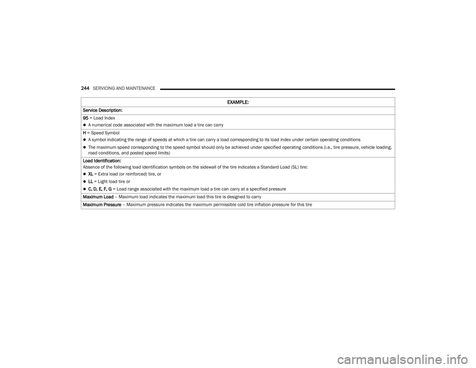 CHRYSLER 300 2022  Owners Manual 
244SERVICING AND MAINTENANCE  
Service Description:
95  = Load Index 
A numerical code associated with the maximum load a tire can carry
H = Speed Symbol 
A symbol indicating the range of speed