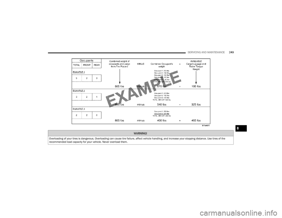 CHRYSLER 300 2022  Owners Manual 
SERVICING AND MAINTENANCE249
WARNING!
Overloading of your tires is dangerous. Overloading can cause tire failure, affect vehicle handling, and increase your stopping distance. Use tires of the 
recom