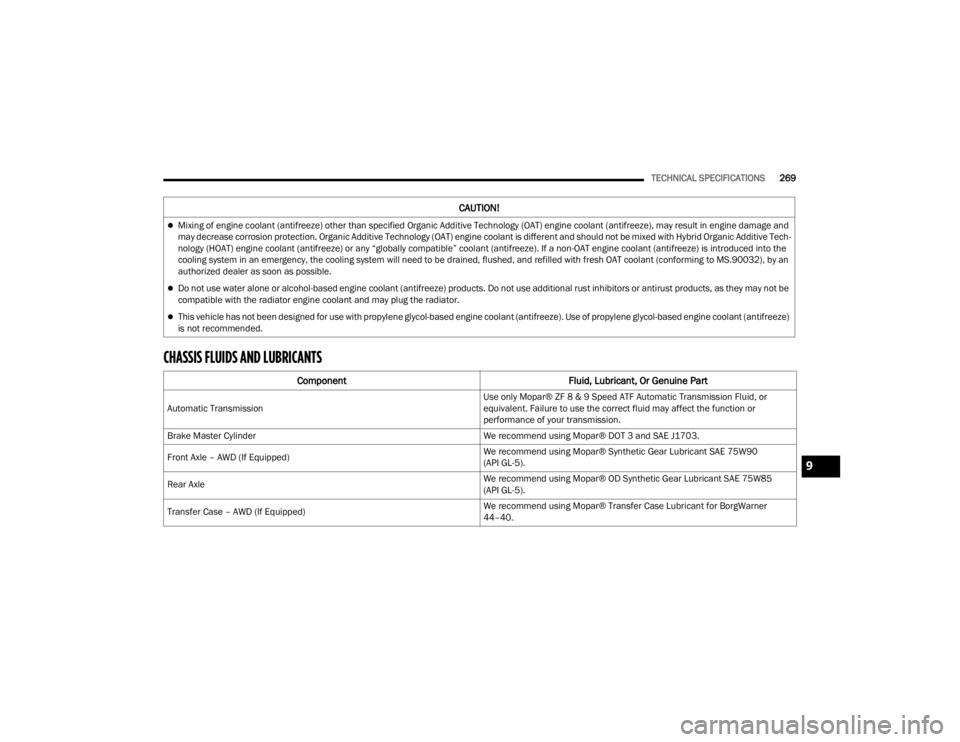 CHRYSLER 300 2022  Owners Manual 
TECHNICAL SPECIFICATIONS269
CHASSIS FLUIDS AND LUBRICANTS        
CAUTION!
Mixing of engine coolant (antifreeze) other than specified Organic Additive Technology (OAT) engine coolant (antifreeze),