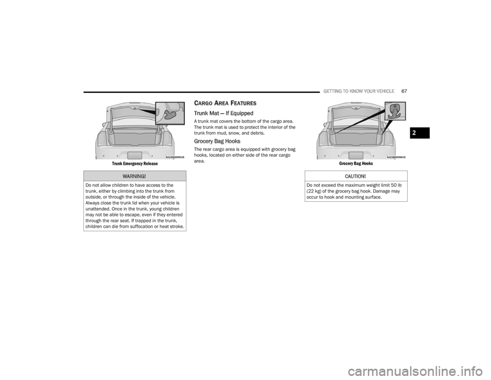 CHRYSLER 300 2022  Owners Manual 
GETTING TO KNOW YOUR VEHICLE67

Trunk Emergency Release

CARGO AREA FEATURES 
Trunk Mat — If Equipped
A trunk mat covers the bottom of the cargo area. 
The trunk mat is used to protect the interior