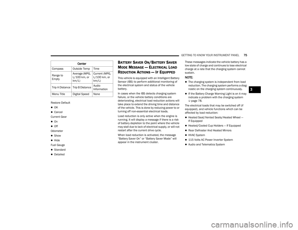 CHRYSLER 300 2022 Manual PDF
GETTING TO KNOW YOUR INSTRUMENT PANEL75
Restore Default
OK
Cancel
Current Gear
On
Off
Odometer
Show
Hide
Fuel Gauge
Standard
Detailed
BATTERY SAVER ON/BATTERY SAVER
M
ODE MES CHRYSLER 300 2022 Manual PDF
GETTING TO KNOW YOUR INSTRUMENT PANEL75
Restore Default
OK
Cancel
Current Gear
On
Off
Odometer
Show
Hide
Fuel Gauge
Standard
Detailed
BATTERY SAVER ON/BATTERY SAVER
M
ODE MES
