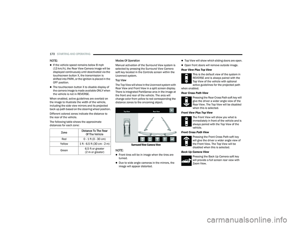 CHRYSLER PACIFICA 2022 Owners Manual
170STARTING AND OPERATING
NOTE:
If the vehicle speed remains below 8 mph
(13 km/h), the Rear View Camera image will be
displayed continuously until deactivated via the
touchscreen button X, t CHRYSLER PACIFICA 2022 Owners Manual
170STARTING AND OPERATING
NOTE:
If the vehicle speed remains below 8 mph
(13 km/h), the Rear View Camera image will be
displayed continuously until deactivated via the
touchscreen button X, t