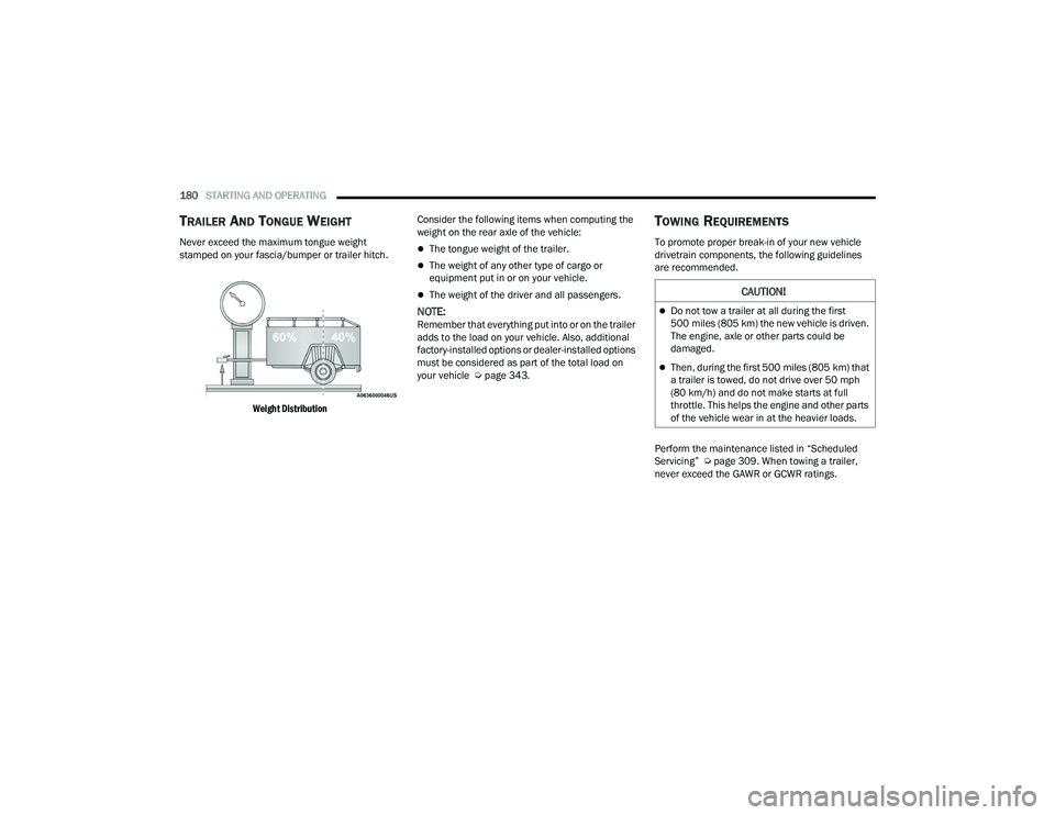 CHRYSLER PACIFICA 2022  Owners Manual 
180STARTING AND OPERATING  
TRAILER AND TONGUE WEIGHT 
Never exceed the maximum tongue weight 
stamped on your fascia/bumper or trailer hitch.

Weight Distribution
 Consider the following items when 