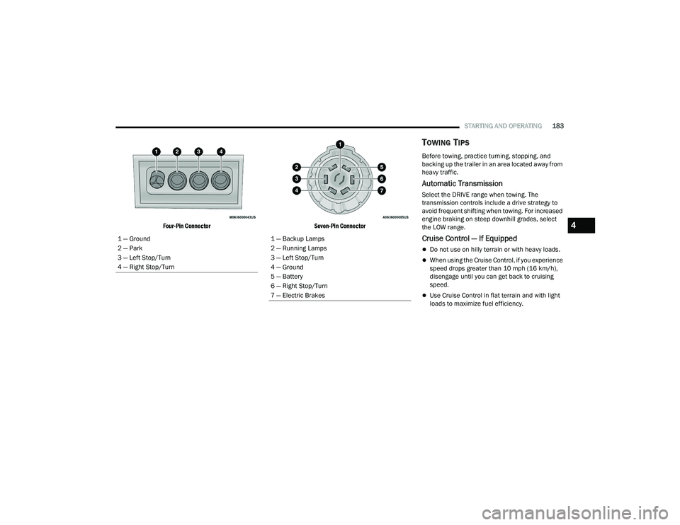 CHRYSLER PACIFICA HYBRID 2022 Service Manual 
STARTING AND OPERATING183

Four-Pin Connector Seven-Pin Connector

TOWING TIPS 
Before towing, practice turning, stopping, and 
backing up the trailer in an area located away from 
heavy traffic.
Aut