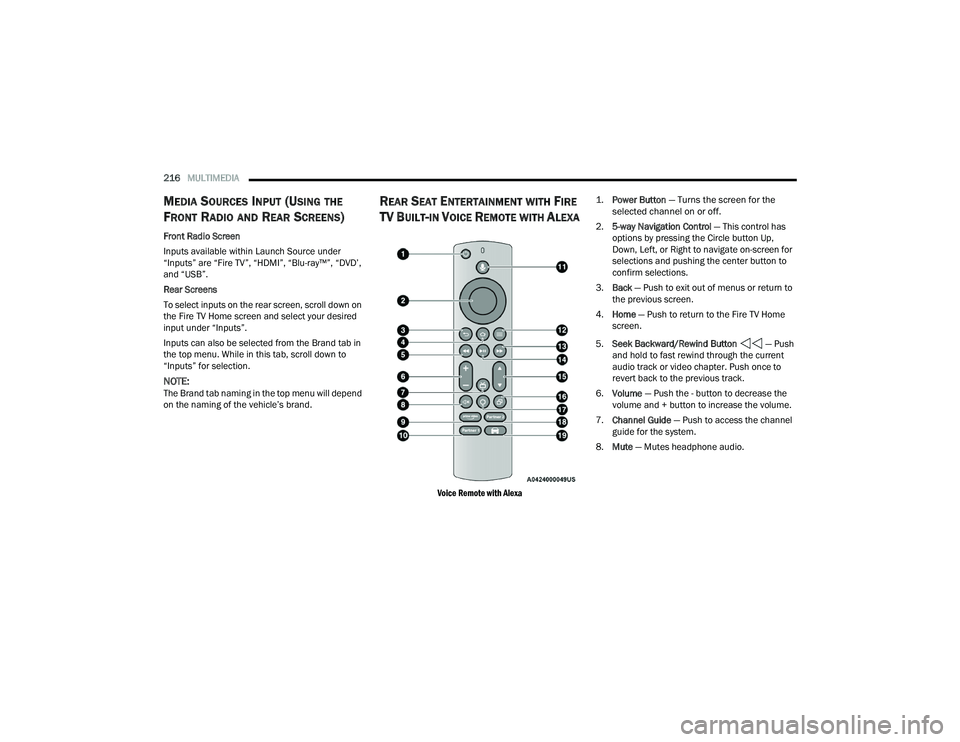CHRYSLER PACIFICA 2022 Owners Manual
216MULTIMEDIA
MEDIA SOURCES INPUT (USING THE
F
RONT RADIO AND REAR SCREENS)
Front Radio Screen
Inputs available within Launch Source under
“Inputs” are “Fire TV”, “HDMI”, “Blu-ray CHRYSLER PACIFICA 2022 Owners Manual
216MULTIMEDIA
MEDIA SOURCES INPUT (USING THE
F
RONT RADIO AND REAR SCREENS)
Front Radio Screen
Inputs available within Launch Source under
“Inputs” are “Fire TV”, “HDMI”, “Blu-ray