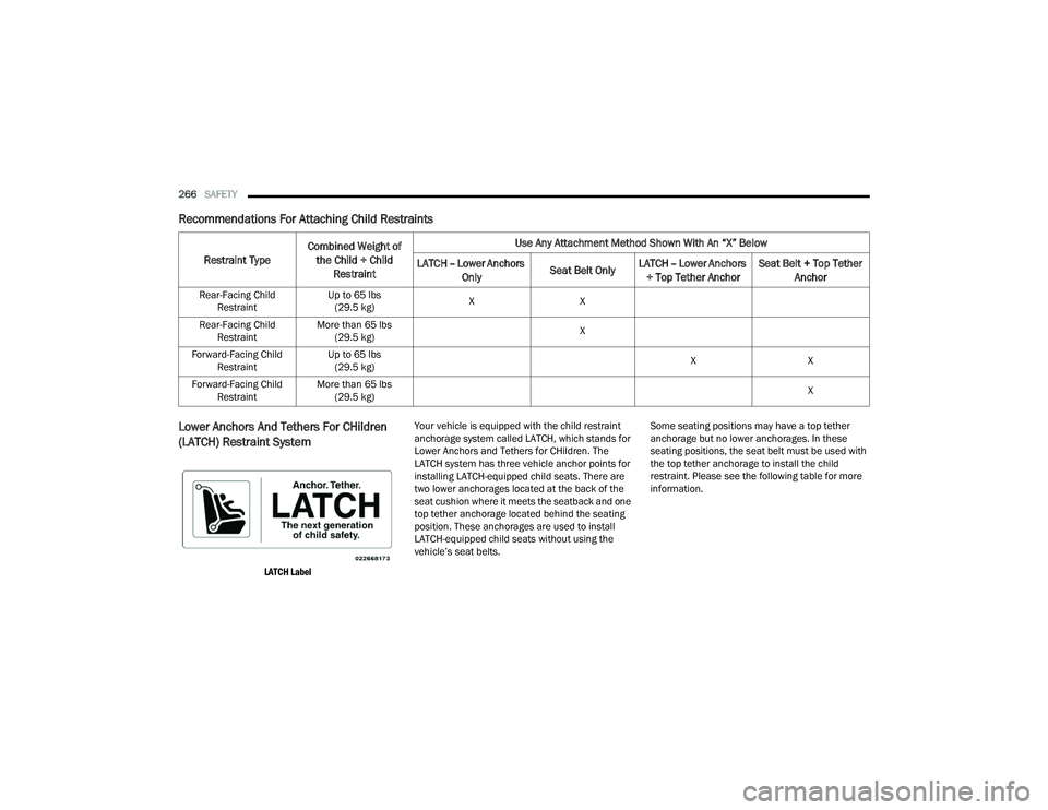 CHRYSLER PACIFICA 2022 Owners Manual
266SAFETY
Recommendations For Attaching Child Restraints
Lower Anchors And Tethers For CHildren
(LATCH) Restraint System
LATCH Label
Your vehicle is equipped with the child restraint
anchorag CHRYSLER PACIFICA 2022 Owners Manual
266SAFETY
Recommendations For Attaching Child Restraints
Lower Anchors And Tethers For CHildren
(LATCH) Restraint System
LATCH Label
Your vehicle is equipped with the child restraint
anchorag