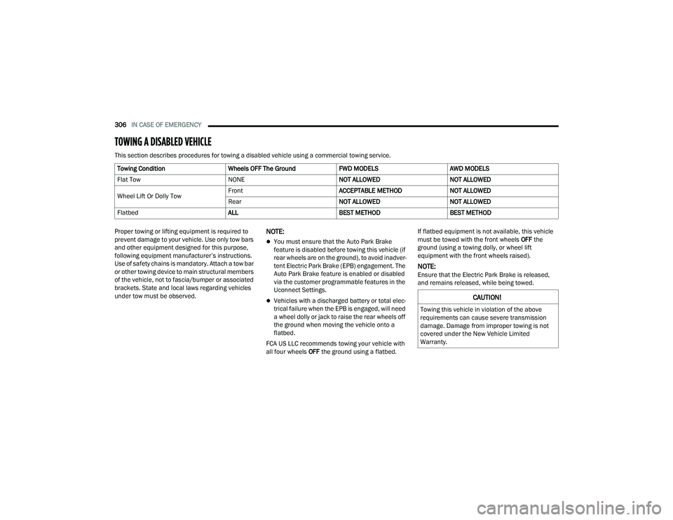 CHRYSLER PACIFICA 2022 Owners Manual
306IN CASE OF EMERGENCY
TOWING A DISABLED VEHICLE
This section describes procedures for towing a disabled vehicle using a commercial towing service.
Proper towing or lifting equipment is required CHRYSLER PACIFICA 2022 Owners Manual
306IN CASE OF EMERGENCY
TOWING A DISABLED VEHICLE
This section describes procedures for towing a disabled vehicle using a commercial towing service.
Proper towing or lifting equipment is required