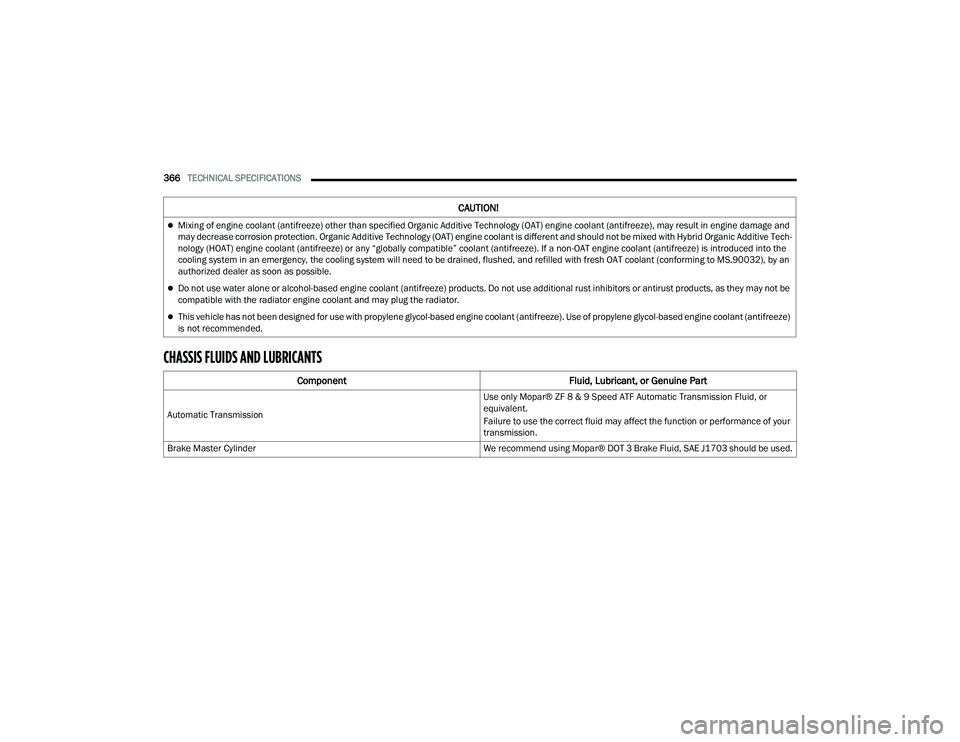CHRYSLER PACIFICA 2022 Owners Manual
366TECHNICAL SPECIFICATIONS
CHASSIS FLUIDS AND LUBRICANTS
CAUTION!
Mixing of engine coolant (antifreeze) other than specified Organic Additive Technology (OAT) engine coolant (antifreeze), ma CHRYSLER PACIFICA 2022 Owners Manual
366TECHNICAL SPECIFICATIONS
CHASSIS FLUIDS AND LUBRICANTS
CAUTION!
Mixing of engine coolant (antifreeze) other than specified Organic Additive Technology (OAT) engine coolant (antifreeze), ma