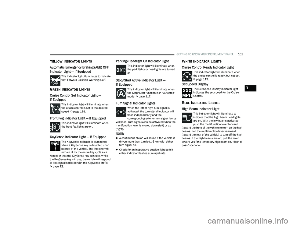 CHRYSLER VOYAGER 2022  Owners Manual 
GETTING TO KNOW YOUR INSTRUMENT PANEL101
YELLOW INDICATOR LIGHTS
Automatic Emergency Braking (AEB) OFF 
Indicator Light — If Equipped
This indicator light illuminates to indicate 
that Forward Coll