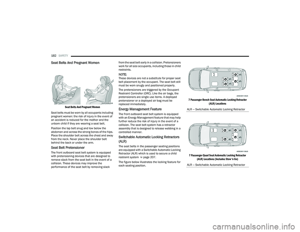 CHRYSLER VOYAGER 2022  Owners Manual 
182SAFETY  
Seat Belts And Pregnant Women 

Seat Belts And Pregnant Women

Seat belts must be worn by all occupants including 
pregnant women: the risk of injury in the event of 
an accident is reduc