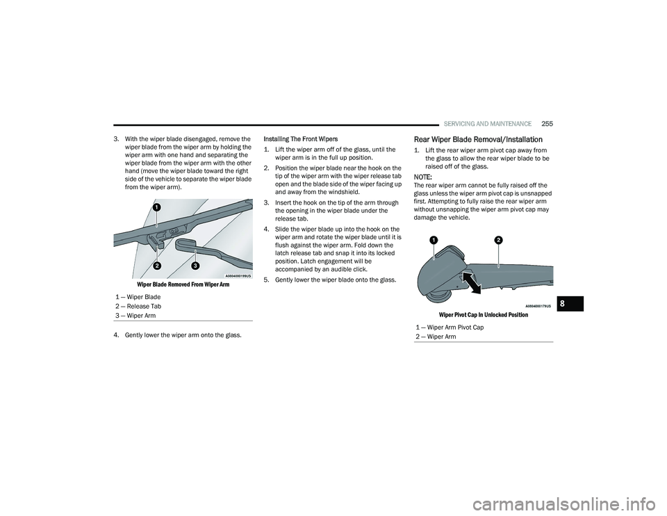 CHRYSLER VOYAGER 2022  Owners Manual 
SERVICING AND MAINTENANCE255
3. With the wiper blade disengaged, remove the  wiper blade from the wiper arm by holding the 
wiper arm with one hand and separating the 
wiper blade from the wiper arm 