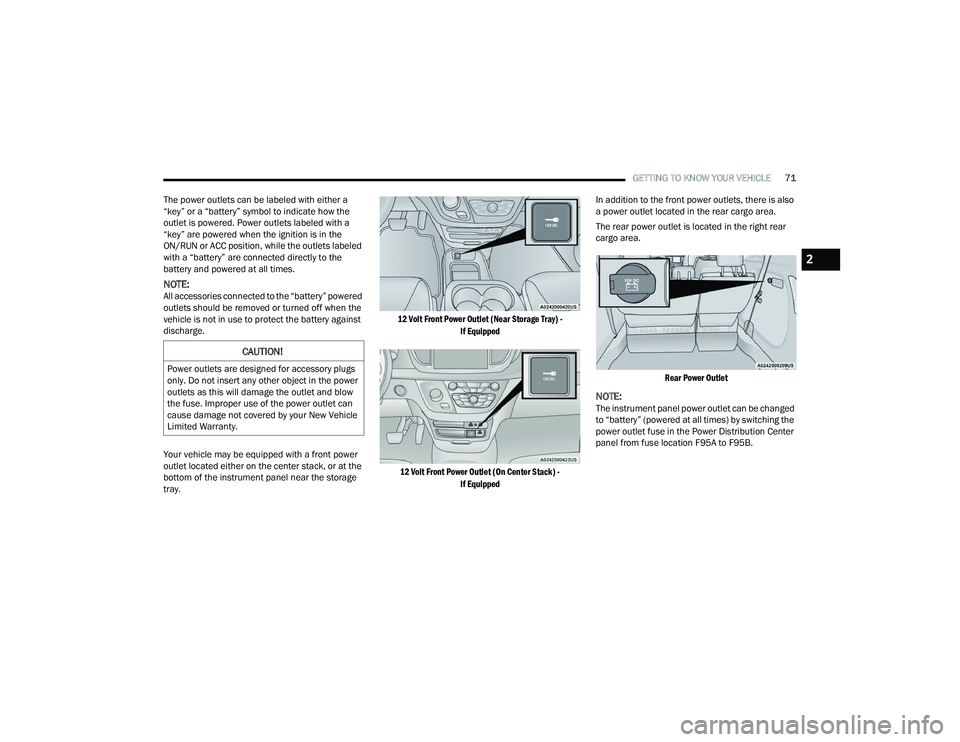 CHRYSLER VOYAGER 2022  Owners Manual 
GETTING TO KNOW YOUR VEHICLE71
The power outlets can be labeled with either a 
“key” or a “battery” symbol to indicate how the 
outlet is powered. Power outlets labeled with a 
“key” are 