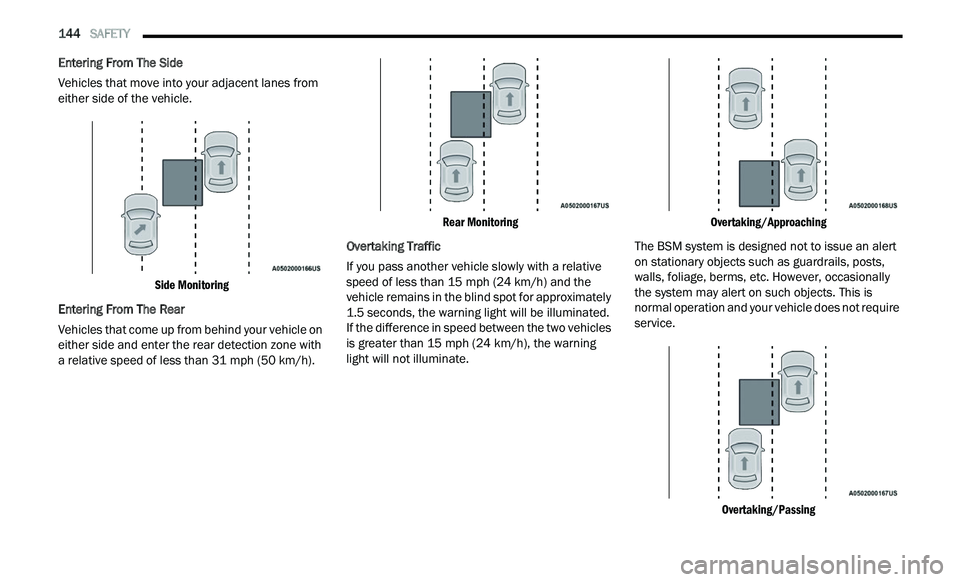 CHRYSLER 300 2021  Owners Manual 
144   SAFETY     
Entering From The Side
Vehicles that move into your adjacent lanes from 
ei

ther side of the vehicle. 

Side Monitoring

Entering From The Rear
Vehicles that come up from behind yo