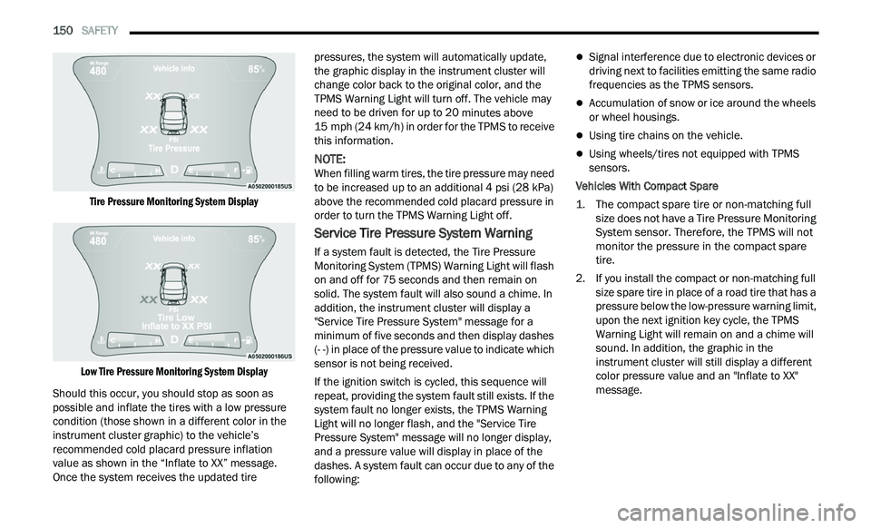 CHRYSLER 300 2021 Owners Manual
150 SAFETY
Tire Pressure Monitoring System Display
Low Tire Pressure Monitoring System Display
Should this occur, you should stop as soon as
p os
sible and inflate the tires with a low pre CHRYSLER 300 2021 Owners Manual
150 SAFETY
Tire Pressure Monitoring System Display
Low Tire Pressure Monitoring System Display
Should this occur, you should stop as soon as
p os
sible and inflate the tires with a low pre