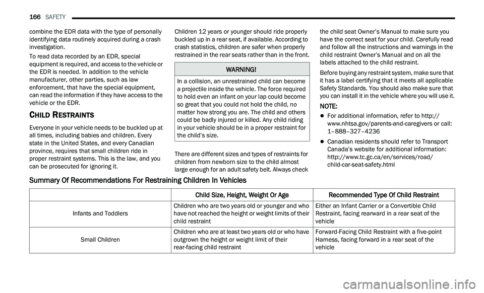CHRYSLER 300 2021  Owners Manual 
166   SAFETY     
combine the EDR data with the type of personally 
identifying data routinely acquired during a crash 
investigation.
To read data recorded by an EDR, special 
eq

uipment is require