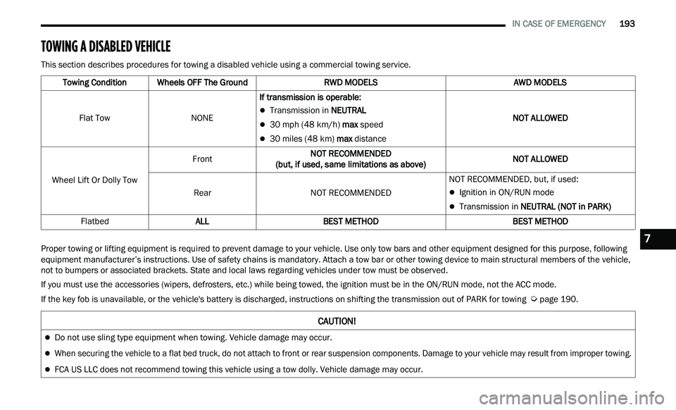 CHRYSLER 300 2021 Owners Manual
IN CASE OF EMERGENCY 193
TOWING A DISABLED VEHICLE
This section describes procedures for towing a disabled vehicle using a commercial towing service.
Proper towing or lifting equipment is re CHRYSLER 300 2021 Owners Manual
IN CASE OF EMERGENCY 193
TOWING A DISABLED VEHICLE
This section describes procedures for towing a disabled vehicle using a commercial towing service.
Proper towing or lifting equipment is re