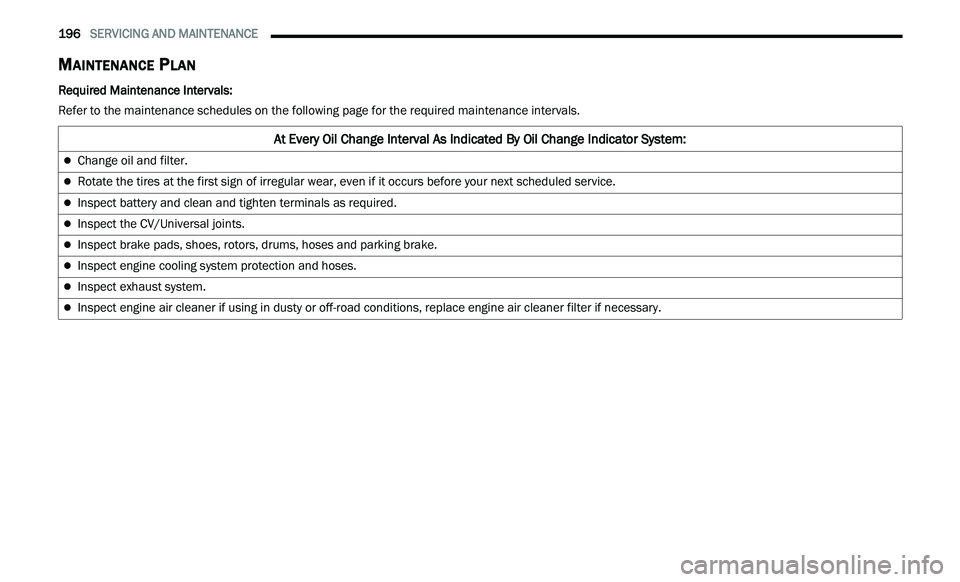 CHRYSLER 300 2021 Owners Manual
196 SERVICING AND MAINTENANCE
MAINTENANCE PLAN
Required Maintenance Intervals:
Refer to the maintenance schedules on the following page for the required maintenance intervals.
At Every Oil C CHRYSLER 300 2021 Owners Manual
196 SERVICING AND MAINTENANCE
MAINTENANCE PLAN
Required Maintenance Intervals:
Refer to the maintenance schedules on the following page for the required maintenance intervals.
At Every Oil C