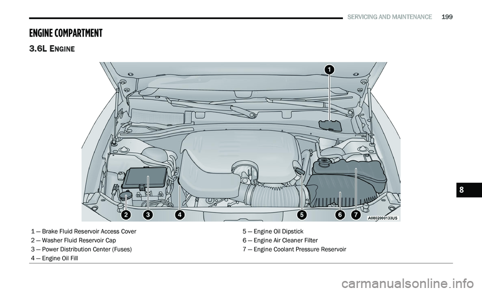 CHRYSLER 300 2021 Owners Manual
SERVICING AND MAINTENANCE 199
ENGINE COMPARTMENT
3.6L ENGINE
1 — Brake Fluid Reservoir Access Cover 5 — Engine Oil Dipstick
2 — Washer Fluid Reservoir Cap 6 — Engine Air Cleaner F CHRYSLER 300 2021 Owners Manual
SERVICING AND MAINTENANCE 199
ENGINE COMPARTMENT
3.6L ENGINE
1 — Brake Fluid Reservoir Access Cover 5 — Engine Oil Dipstick
2 — Washer Fluid Reservoir Cap 6 — Engine Air Cleaner F