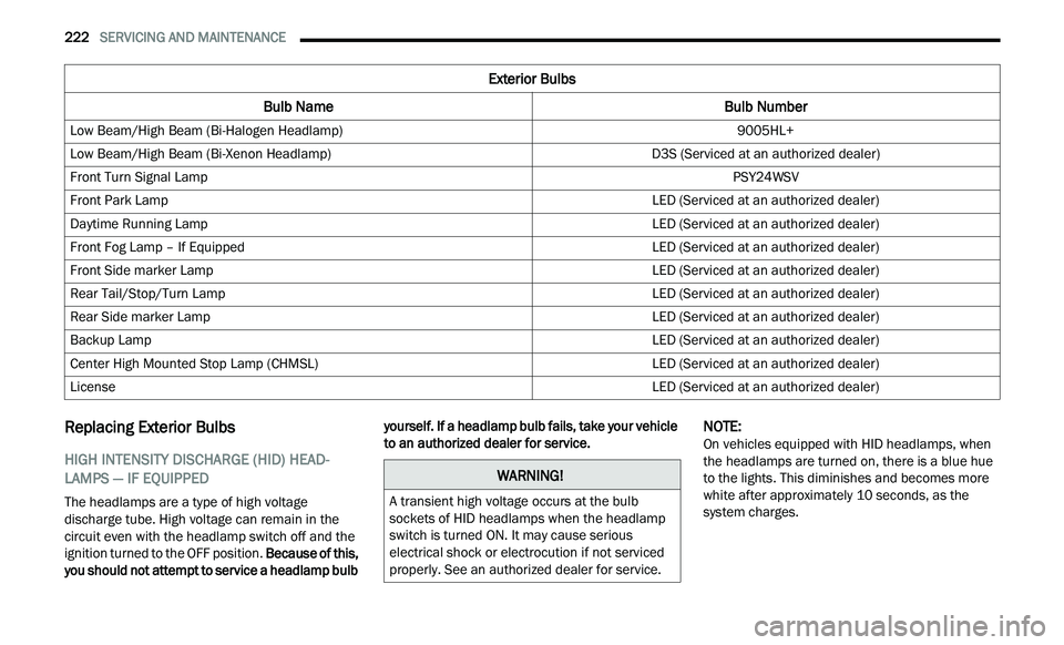CHRYSLER 300 2021 Owners Manual
222 SERVICING AND MAINTENANCE
Replacing Exterior Bulbs
HIGH INTENSITY DISCHARGE (HID) HEAD -
LAMPS — IF EQUIPPED
The headlamps are a type of high voltage
discharge tube. High voltage can r CHRYSLER 300 2021 Owners Manual
222 SERVICING AND MAINTENANCE
Replacing Exterior Bulbs
HIGH INTENSITY DISCHARGE (HID) HEAD -
LAMPS — IF EQUIPPED
The headlamps are a type of high voltage
discharge tube. High voltage can r