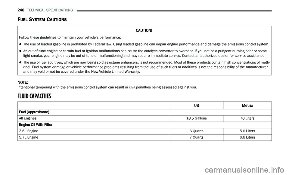 CHRYSLER 300 2021 Owners Manual
248 TECHNICAL SPECIFICATIONS
FUEL SYSTEM CAUTIONS
NOTE:
Intentional tampering with the emissions control system can result in civil penalties being assessed against you.
FLUID CAPACITIES CHRYSLER 300 2021 Owners Manual
248 TECHNICAL SPECIFICATIONS
FUEL SYSTEM CAUTIONS
NOTE:
Intentional tampering with the emissions control system can result in civil penalties being assessed against you.
FLUID CAPACITIES