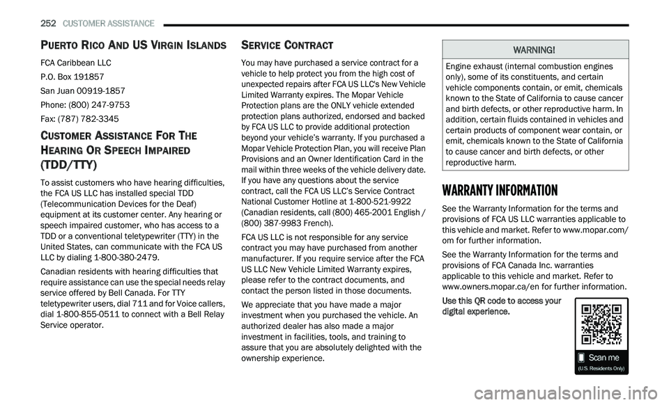 CHRYSLER 300 2021 Owners Manual
252 CUSTOMER ASSISTANCE
PUERTO RICO AND US VIRGIN ISLANDS
FCA Caribbean LLC
P.O. Box 191857
San Juan 00919-1857
Phone: (800) 247-9753
Fax: (787) 782-3345
CUSTOMER ASSISTANCE FOR THE
H
EARING CHRYSLER 300 2021 Owners Manual
252 CUSTOMER ASSISTANCE
PUERTO RICO AND US VIRGIN ISLANDS
FCA Caribbean LLC
P.O. Box 191857
San Juan 00919-1857
Phone: (800) 247-9753
Fax: (787) 782-3345
CUSTOMER ASSISTANCE FOR THE
H
EARING