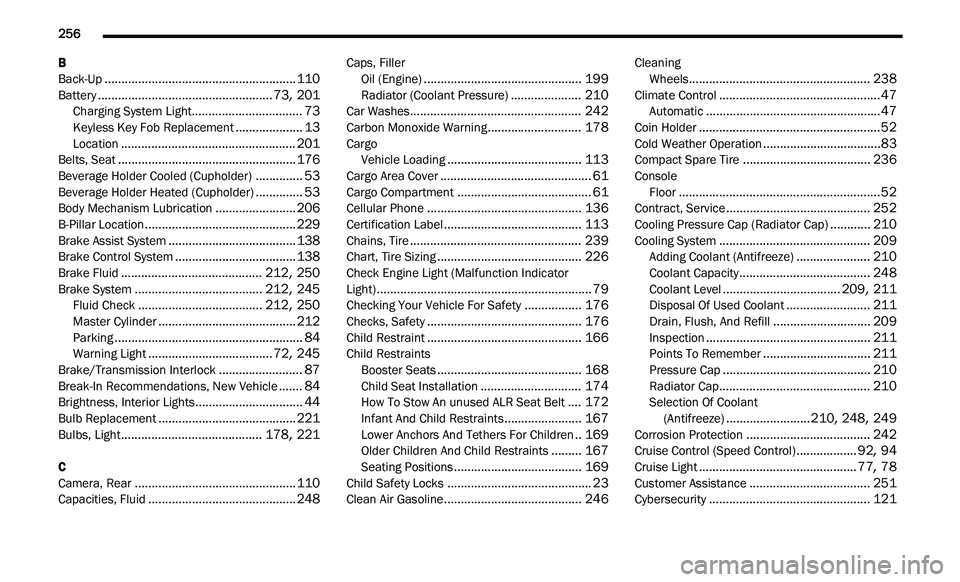 CHRYSLER 300 2021 Owners Manual
256
B
Back-Up.........................................................110Battery....................................................73, 201Charging System Light................................ CHRYSLER 300 2021 Owners Manual
256
B
Back-Up.........................................................110Battery....................................................73, 201Charging System Light................................