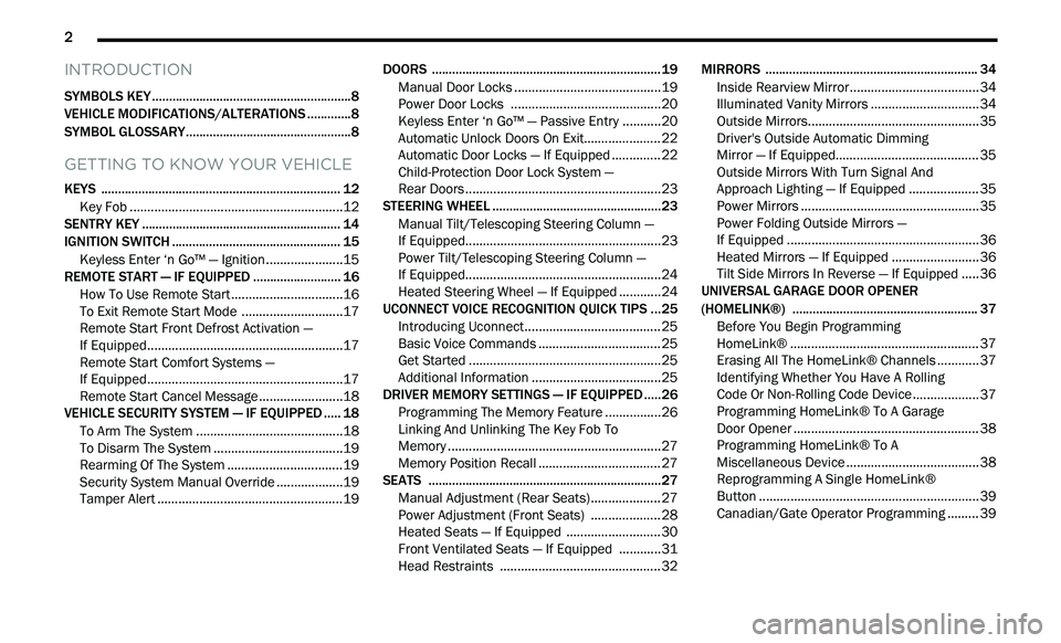 CHRYSLER 300 2021 Owners Manual
2
INTRODUCTION
SYMBOLS KEY ...........................................................8
VEHICLE MODIFICATIONS/ALTERATIONS .. ...........8
SYMBOL GLOSSARY.. .................................... CHRYSLER 300 2021 Owners Manual
2
INTRODUCTION
SYMBOLS KEY ...........................................................8
VEHICLE MODIFICATIONS/ALTERATIONS .. ...........8
SYMBOL GLOSSARY.. ....................................