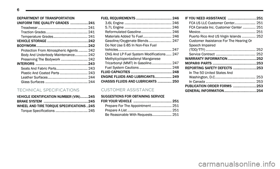 CHRYSLER 300 2021  Owners Manual 
6       
DEPARTMENT OF TRANSPORTATION   
UNIFORM TIRE QUALITY GRADES  .. .................. 241
Treadwear ...................................................... 241
T raction Grades . . .............