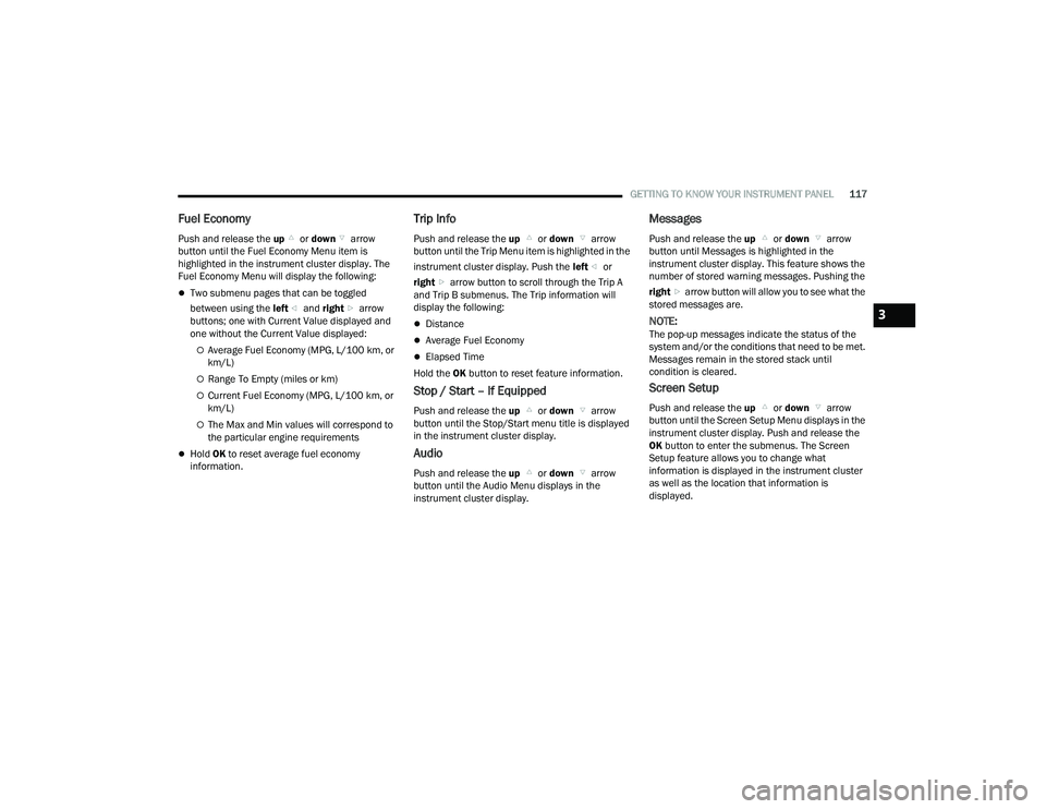 CHRYSLER PACIFICA 2021  Owners Manual 
GETTING TO KNOW YOUR INSTRUMENT PANEL117
Fuel Economy
Push and release the up or down  arrow 
button until the Fuel Economy Menu item is 
highlighted in the instrument cluster display. The 
Fuel Econ