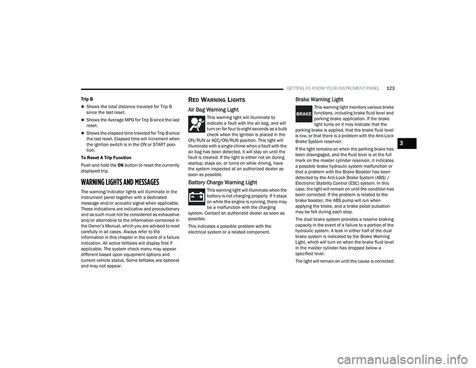 CHRYSLER PACIFICA 2021  Owners Manual 
GETTING TO KNOW YOUR INSTRUMENT PANEL123
Trip B
Shows the total distance traveled for Trip B 
since the last reset.
Shows the Average MPG for Trip B since the last 
reset.
Shows the elapsed 