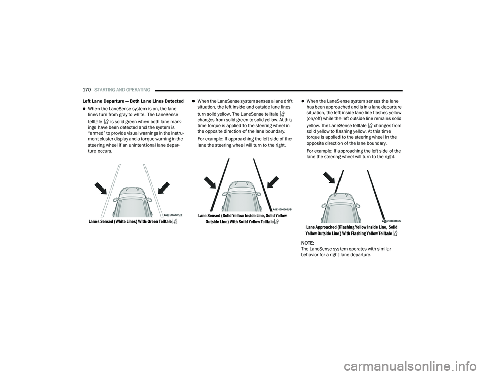 CHRYSLER PACIFICA HYBRID 2021 Owners Manual
170STARTING AND OPERATING
Left Lane Departure — Both Lane Lines Detected
When the LaneSense system is on, the lane
lines turn from gray to white. The LaneSense
telltale is solid green when CHRYSLER PACIFICA HYBRID 2021 Owners Manual
170STARTING AND OPERATING
Left Lane Departure — Both Lane Lines Detected
When the LaneSense system is on, the lane
lines turn from gray to white. The LaneSense
telltale is solid green when