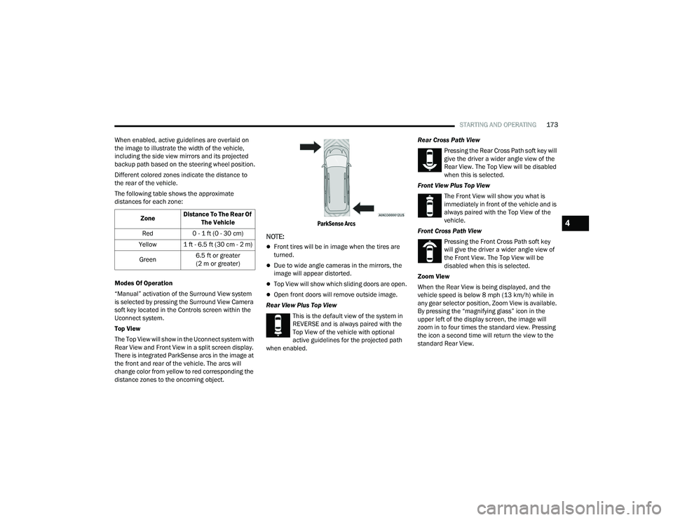 CHRYSLER PACIFICA 2021  Owners Manual 
STARTING AND OPERATING173
When enabled, active guidelines are overlaid on 
the image to illustrate the width of the vehicle, 
including the side view mirrors and its projected 
backup path based on t