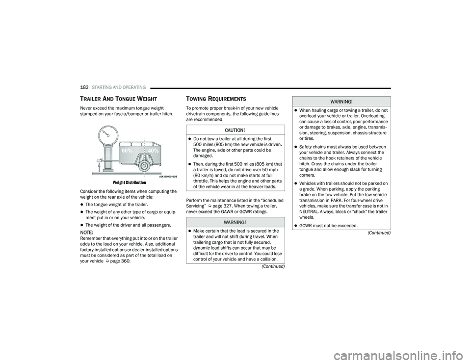 CHRYSLER PACIFICA 2021  Owners Manual 
182STARTING AND OPERATING  
(Continued)
(Continued)
TRAILER AND TONGUE WEIGHT 
Never exceed the maximum tongue weight 
stamped on your fascia/bumper or trailer hitch.

Weight Distribution

Consider t