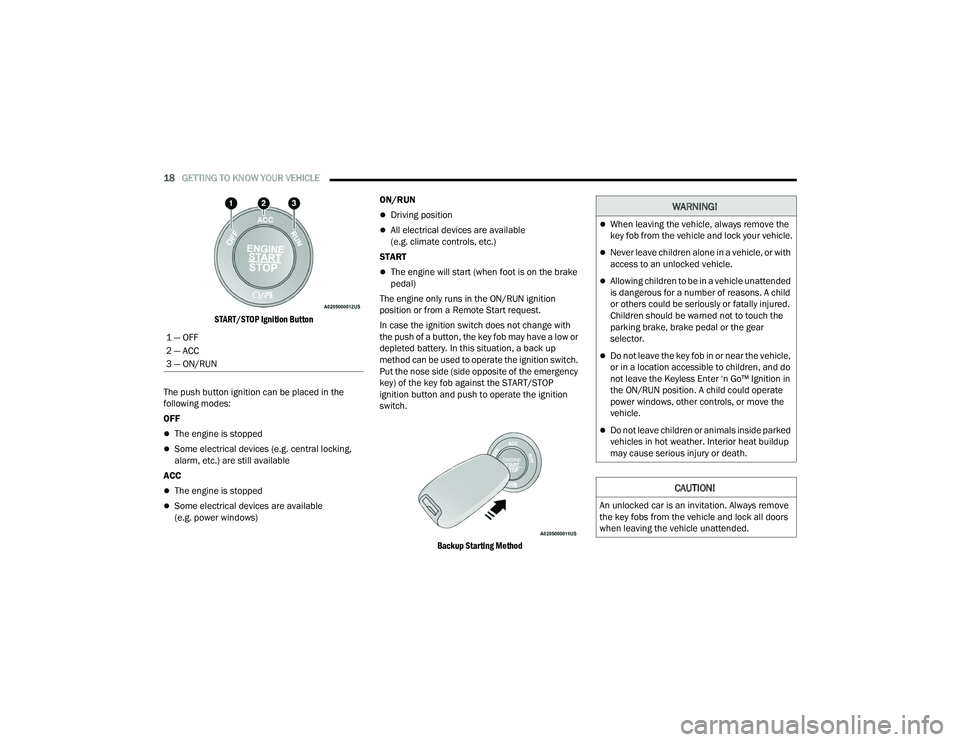 CHRYSLER PACIFICA 2021  Owners Manual 
18GETTING TO KNOW YOUR VEHICLE  

START/STOP Ignition Button

The push button ignition can be placed in the 
following modes:
OFF  
The engine is stopped
Some electrical devices (e.g. central l