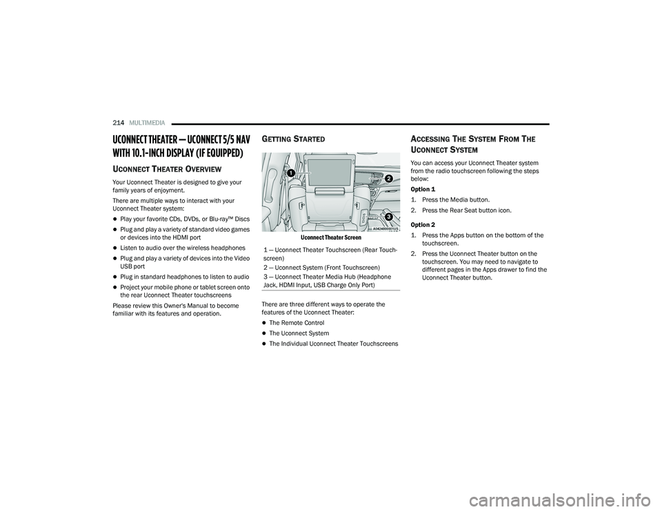 CHRYSLER PACIFICA HYBRID 2021 Owners Manual
214MULTIMEDIA
UCONNECT THEATER — UCONNECT 5/5 NAV
WITH 10.1-INCH DISPLAY (IF EQUIPPED)
UCONNECT THEATER OVERVIEW
Your Uconnect Theater is designed to give your
family years of enjoyment.
There CHRYSLER PACIFICA HYBRID 2021 Owners Manual
214MULTIMEDIA
UCONNECT THEATER — UCONNECT 5/5 NAV
WITH 10.1-INCH DISPLAY (IF EQUIPPED)
UCONNECT THEATER OVERVIEW
Your Uconnect Theater is designed to give your
family years of enjoyment.
There