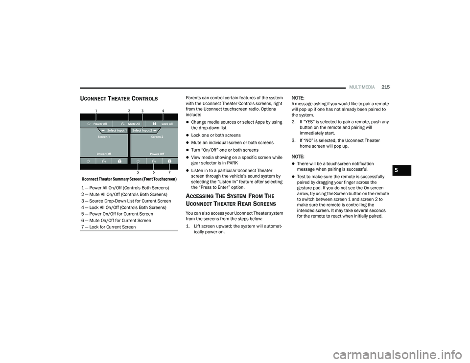 CHRYSLER PACIFICA 2021  Owners Manual 
MULTIMEDIA215
UCONNECT THEATER CONTROLS

Uconnect Theater Summary Screen (Front Touchscreen)
 Parents can control certain features of the system 
with the Uconnect Theater Controls screens, right 
fr