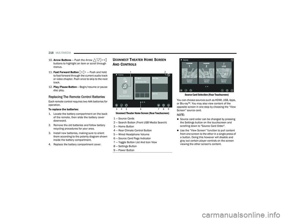 CHRYSLER PACIFICA 2021  Owners Manual 
218MULTIMEDIA  
10. Arrow Buttons  — Push the Arrow   
buttons to highlight an item or scroll through 
menus.
11. Fast Forward Button   — Push and hold 
to fast forward through the current audio 