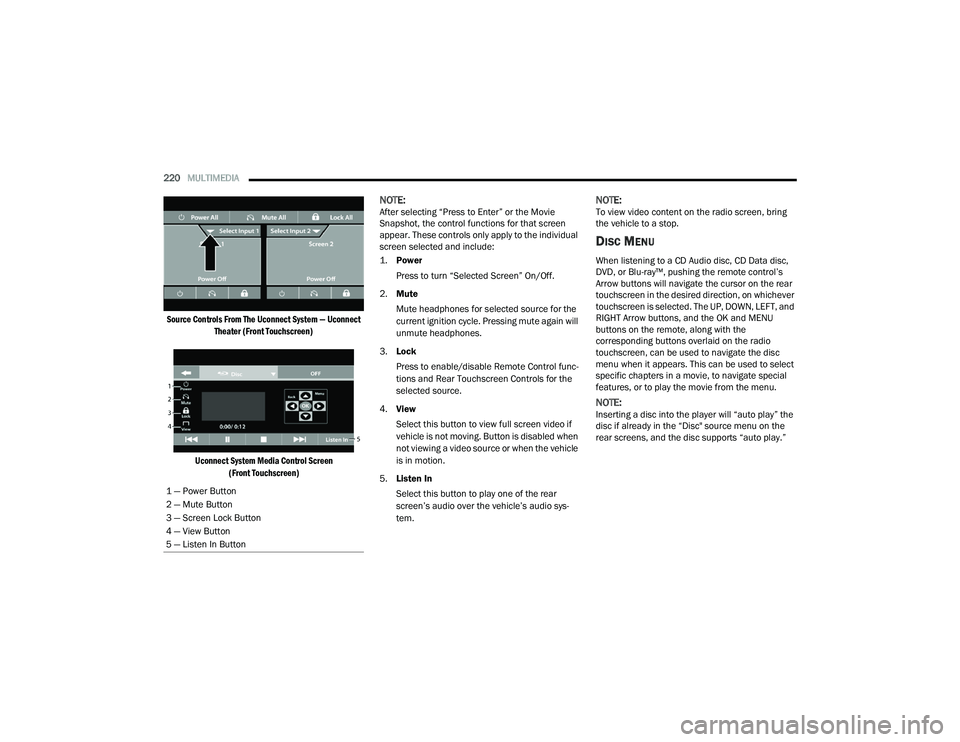 CHRYSLER PACIFICA HYBRID 2021 Owners Manual
220MULTIMEDIA
Source Controls From The Uconnect System — Uconnect Theater (Front Touchscreen)
Uconnect System Media Control Screen (Front Touchscreen)
NOTE:After selecting “Press to Enter CHRYSLER PACIFICA HYBRID 2021 Owners Manual
220MULTIMEDIA
Source Controls From The Uconnect System — Uconnect Theater (Front Touchscreen)
Uconnect System Media Control Screen (Front Touchscreen)
NOTE:After selecting “Press to Enter