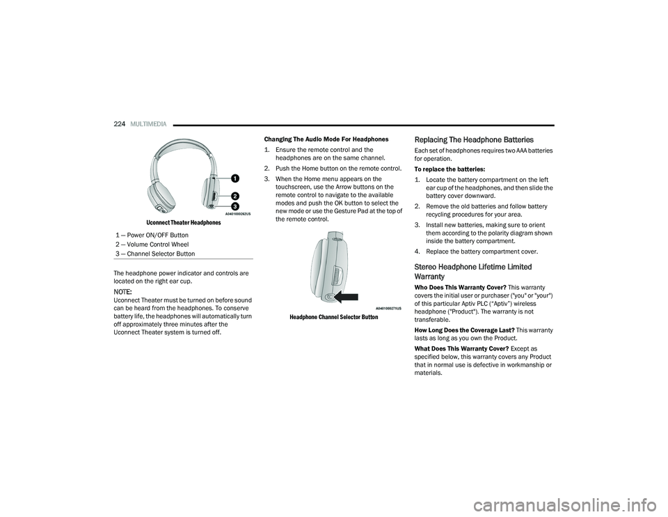 CHRYSLER PACIFICA HYBRID 2021 Owners Manual
224MULTIMEDIA
Uconnect Theater Headphones
The headphone power indicator and controls are
located on the right ear cup.
NOTE:Uconnect Theater must be turned on before sound
can be heard from the CHRYSLER PACIFICA HYBRID 2021 Owners Manual
224MULTIMEDIA
Uconnect Theater Headphones
The headphone power indicator and controls are
located on the right ear cup.
NOTE:Uconnect Theater must be turned on before sound
can be heard from the