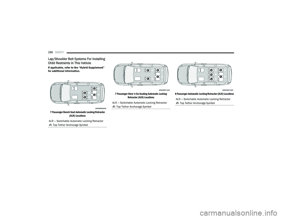 CHRYSLER PACIFICA HYBRID 2021  Owners Manual 
286SAFETY  
Lap/Shoulder Belt Systems For Installing 
Child Restraints In This Vehicle
If applicable, refer to the “Hybrid Supplement” 
for additional information.

7 Passenger Bench Seat Automat