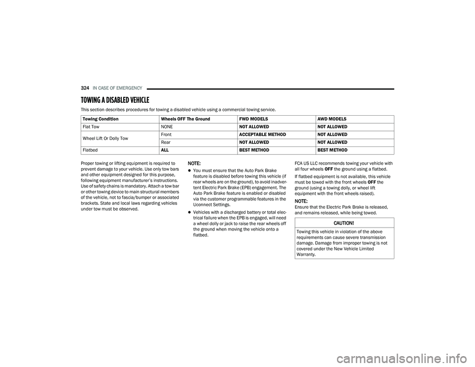 CHRYSLER PACIFICA HYBRID 2021 Owners Manual
324IN CASE OF EMERGENCY
TOWING A DISABLED VEHICLE
This section describes procedures for towing a disabled vehicle using a commercial towing service.
Proper towing or lifting equipment is required CHRYSLER PACIFICA HYBRID 2021 Owners Manual
324IN CASE OF EMERGENCY
TOWING A DISABLED VEHICLE
This section describes procedures for towing a disabled vehicle using a commercial towing service.
Proper towing or lifting equipment is required
