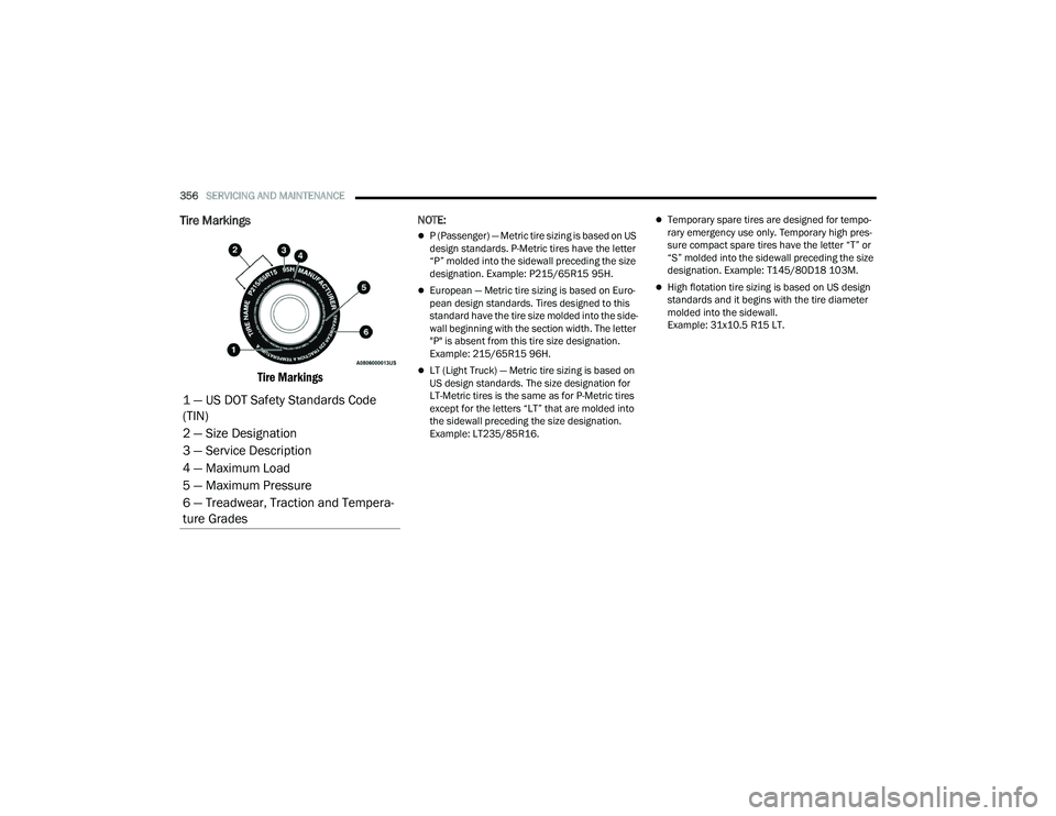 CHRYSLER PACIFICA 2021  Owners Manual 
356SERVICING AND MAINTENANCE  
Tire Markings 

Tire Markings

NOTE:
P (Passenger) — Metric tire sizing is based on US 
design standards. P-Metric tires have the letter 
“P” molded into the s