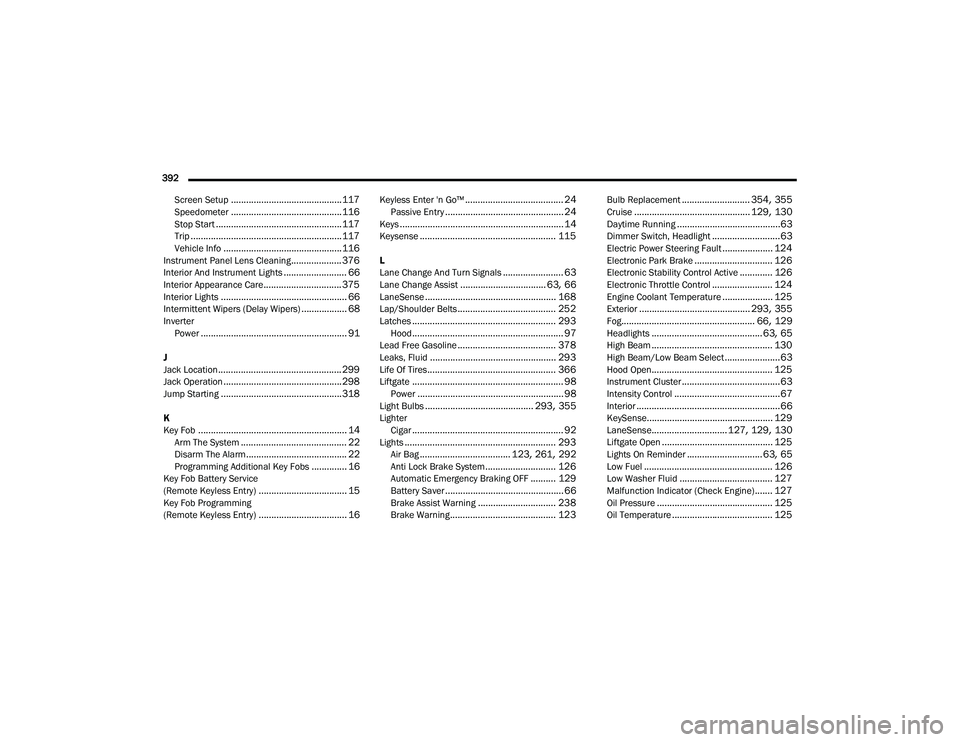 CHRYSLER PACIFICA 2021 Owners Guide 
392  Screen Setup
............................................ 117Speedometer............................................ 116Stop Start.................................................. 117Trip......